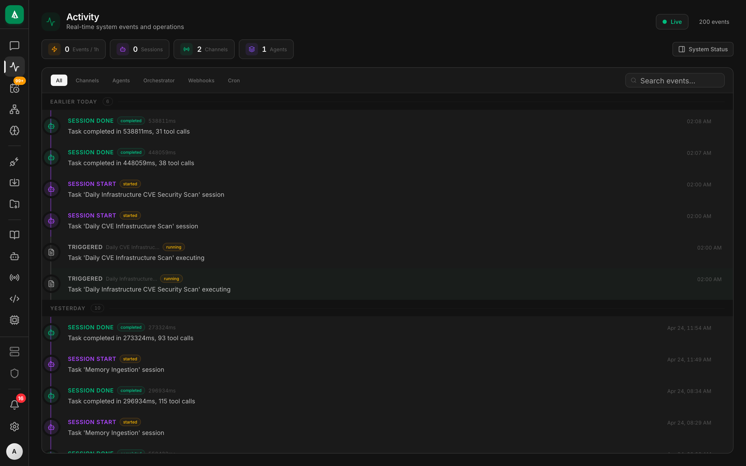 Activity page — chronological audit log with filter chips (decision: deny, action: chat.tool.execute) and per-entry expansion.