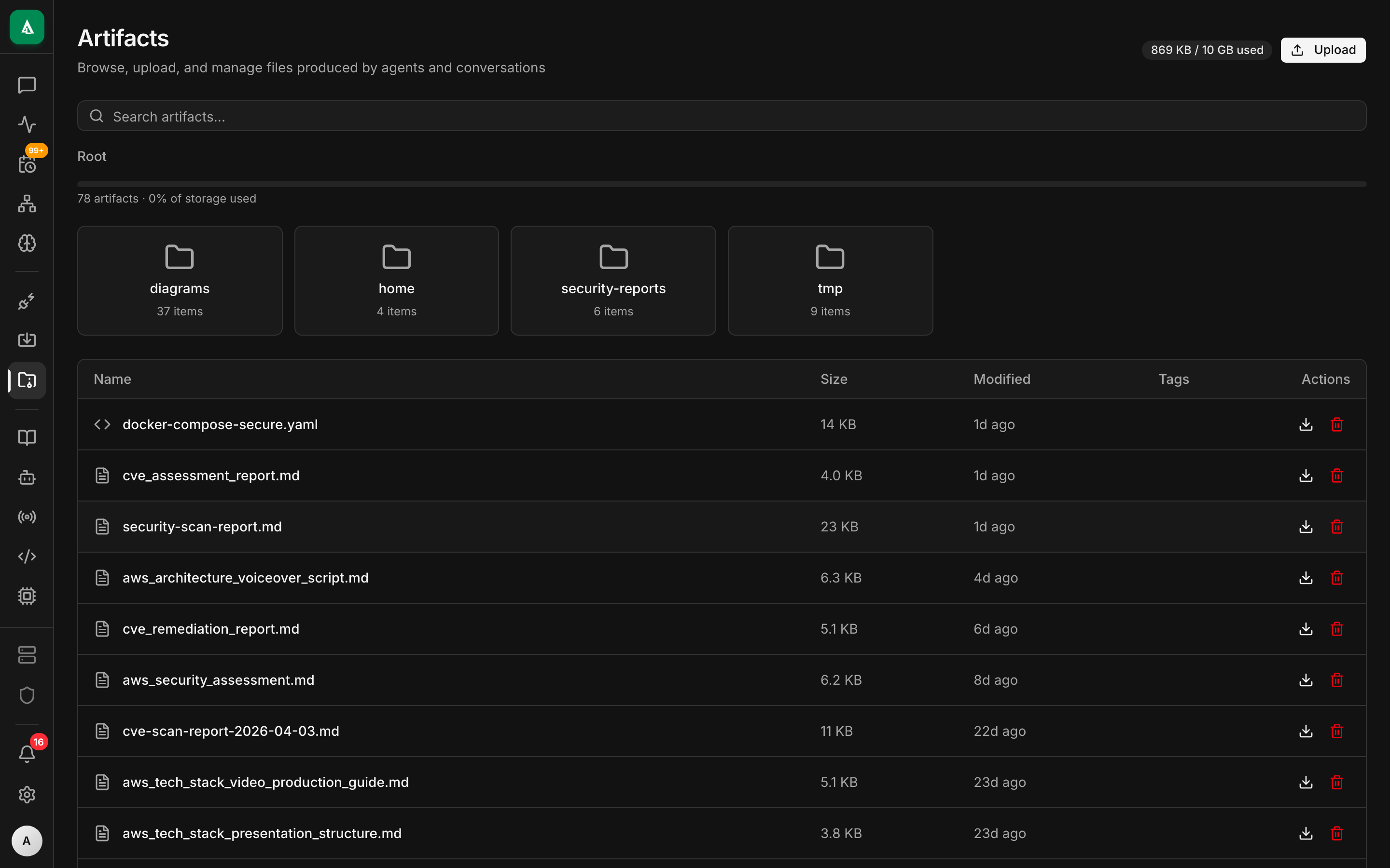 Artifacts page — grid of generated files with type icons, size, source session, and download links.