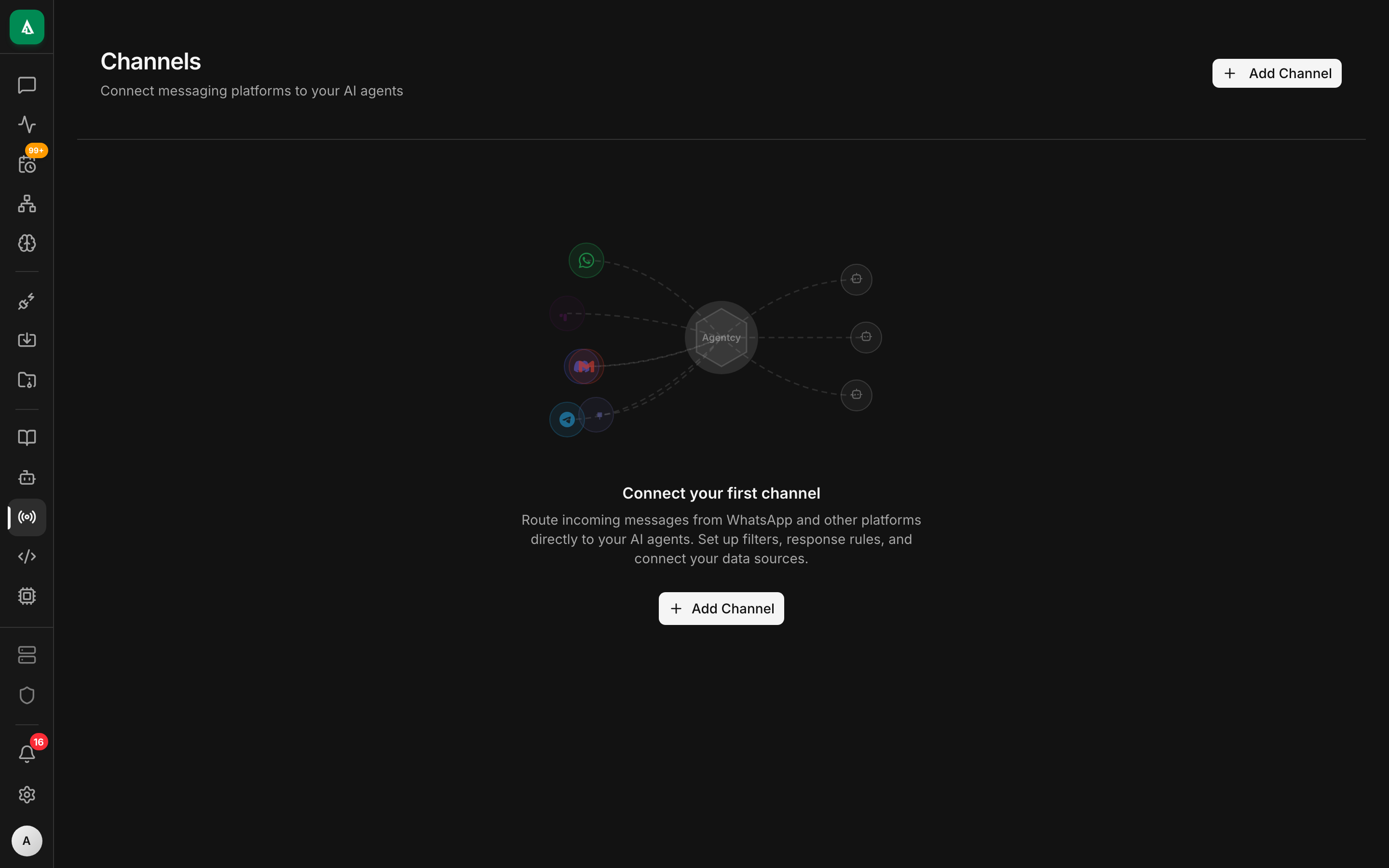 Channels page — catalog of available channels with configured WhatsApp and Slack entries and their connection status.