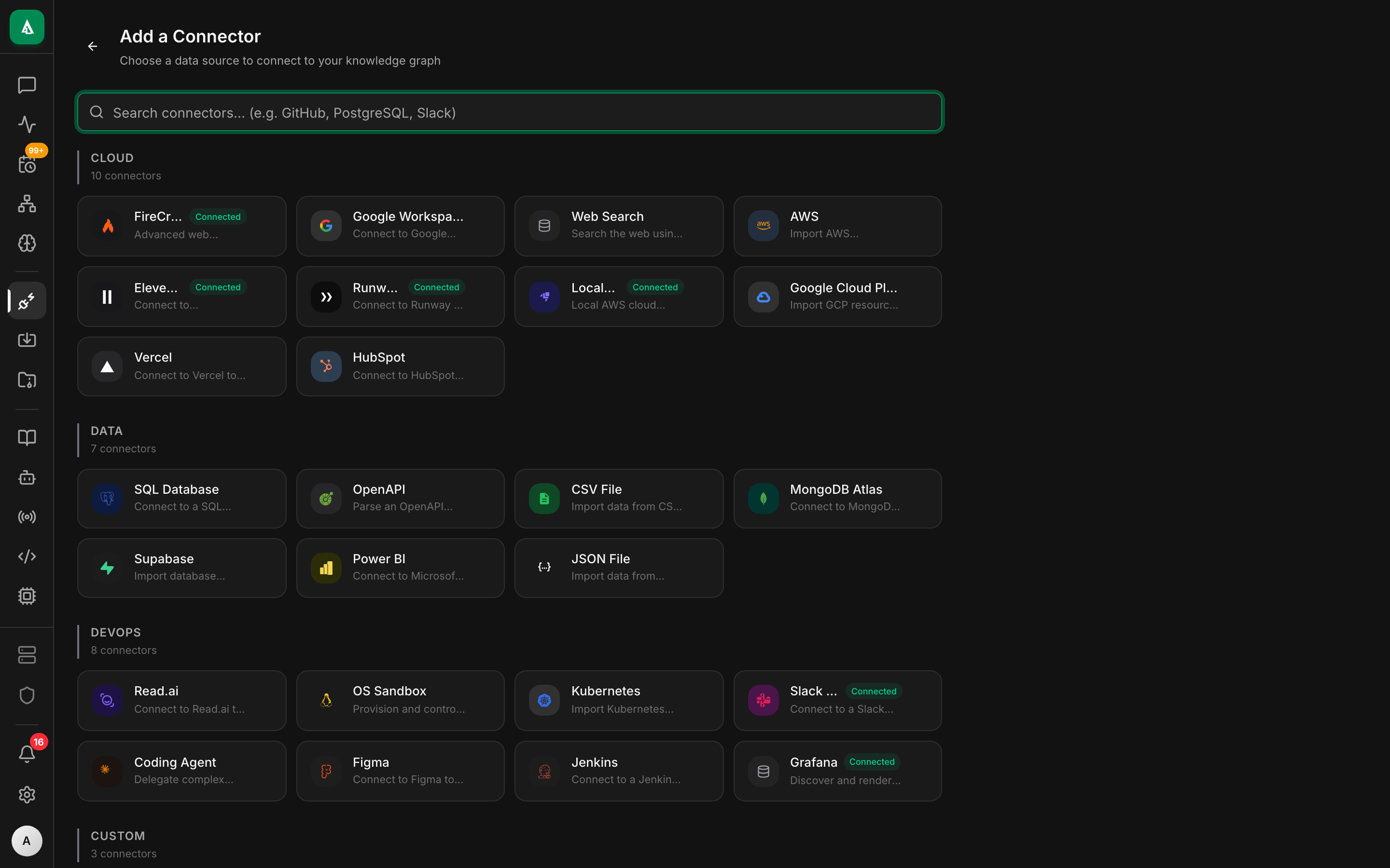 Add Connector picker showing Google Workspace, Slack, Read.ai.