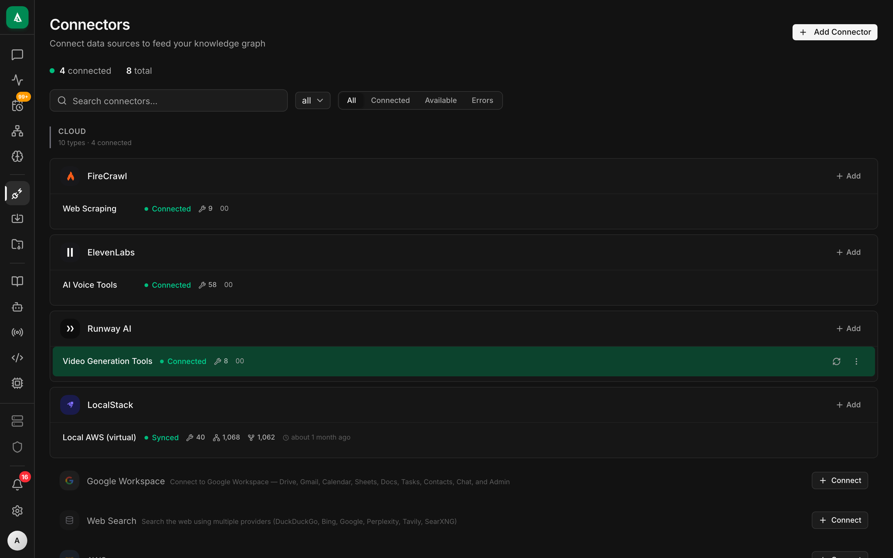 Connectors dashboard — a grid of configured sources with status badges and sync controls.