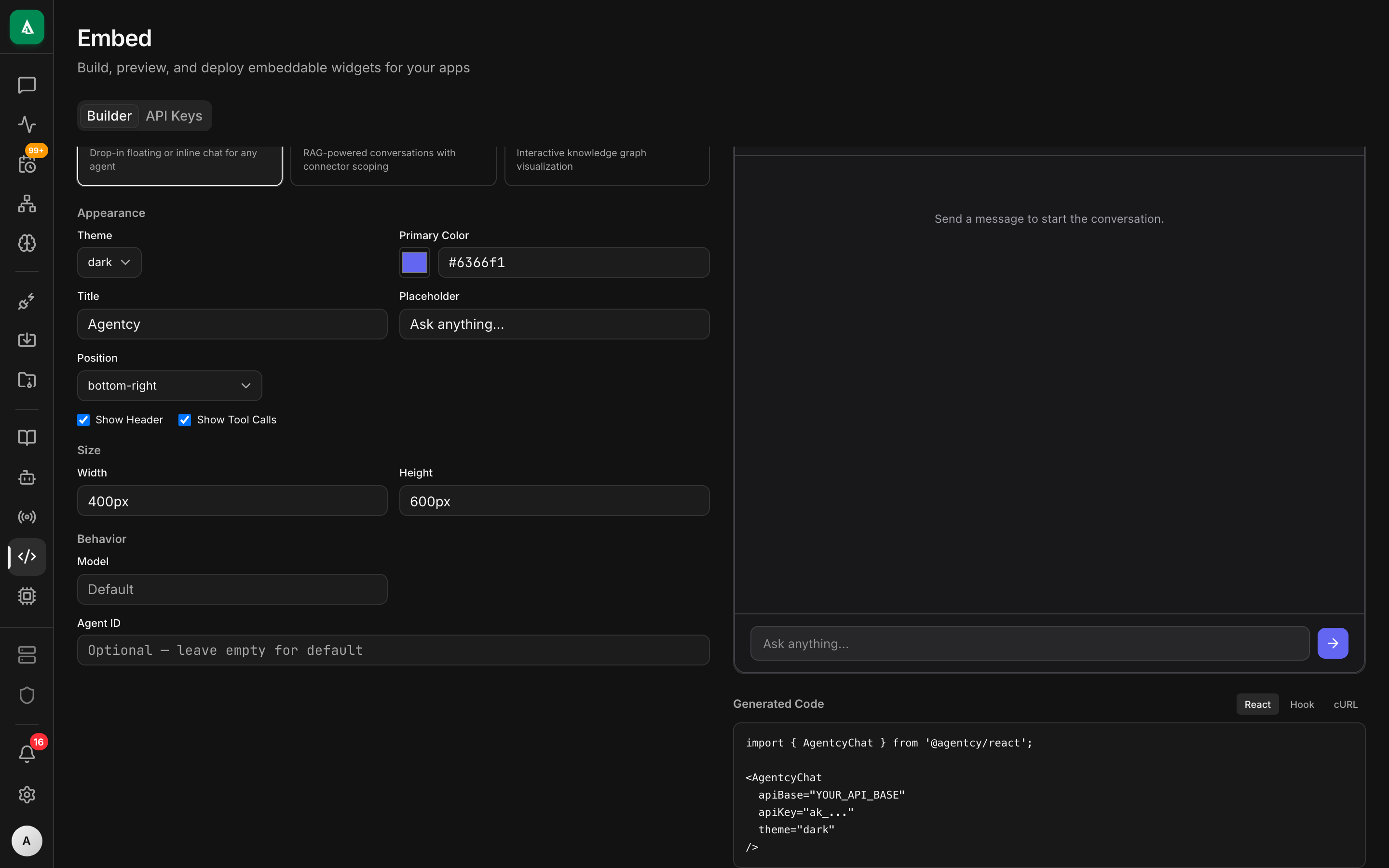 Embed page — widget configurator showing appearance, auth mode, allowed origins, and a live preview of the chat widget.