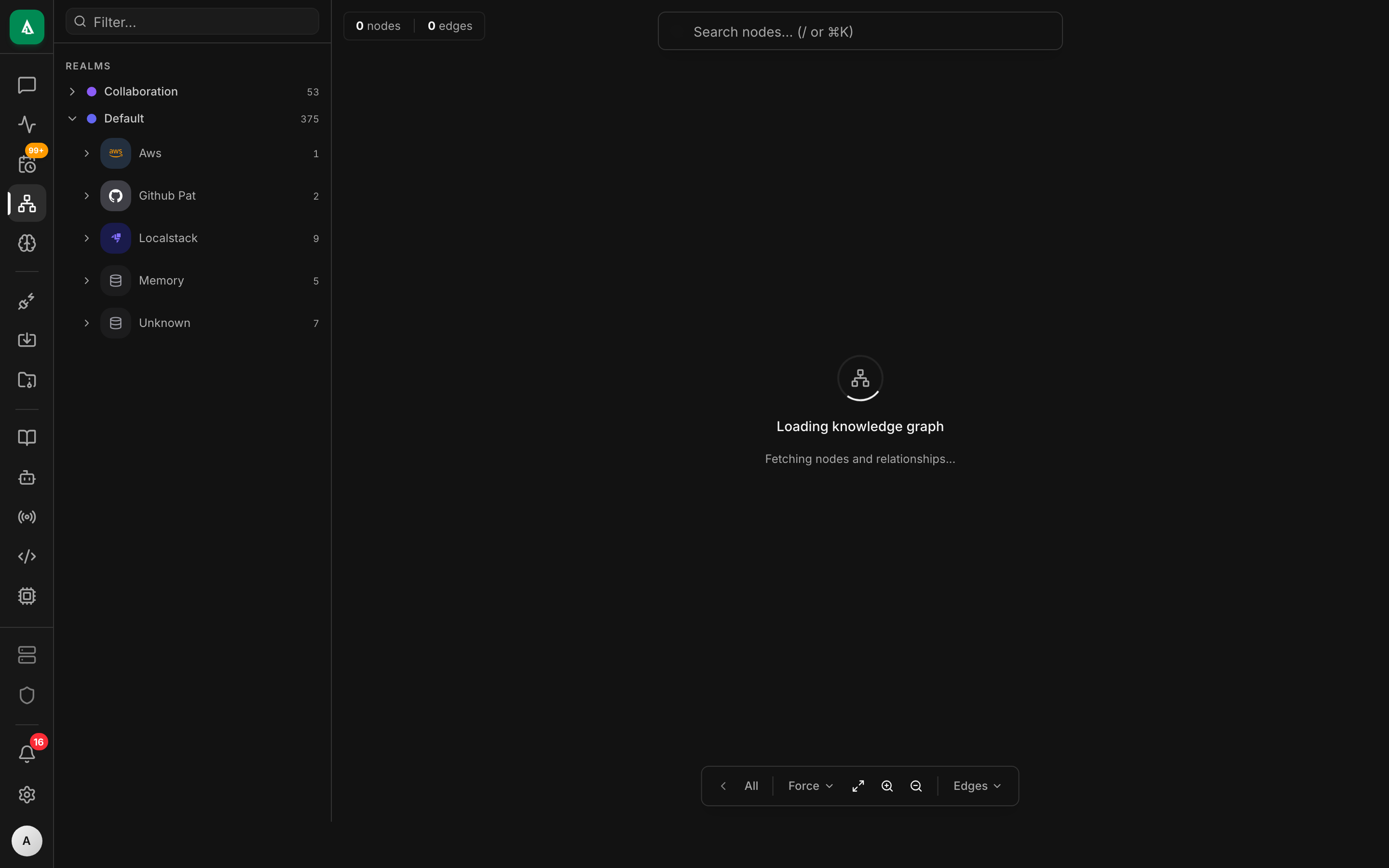 Graph explorer — a force-directed React Flow canvas of nodes grouped by label with a realm toggle in the left rail.
