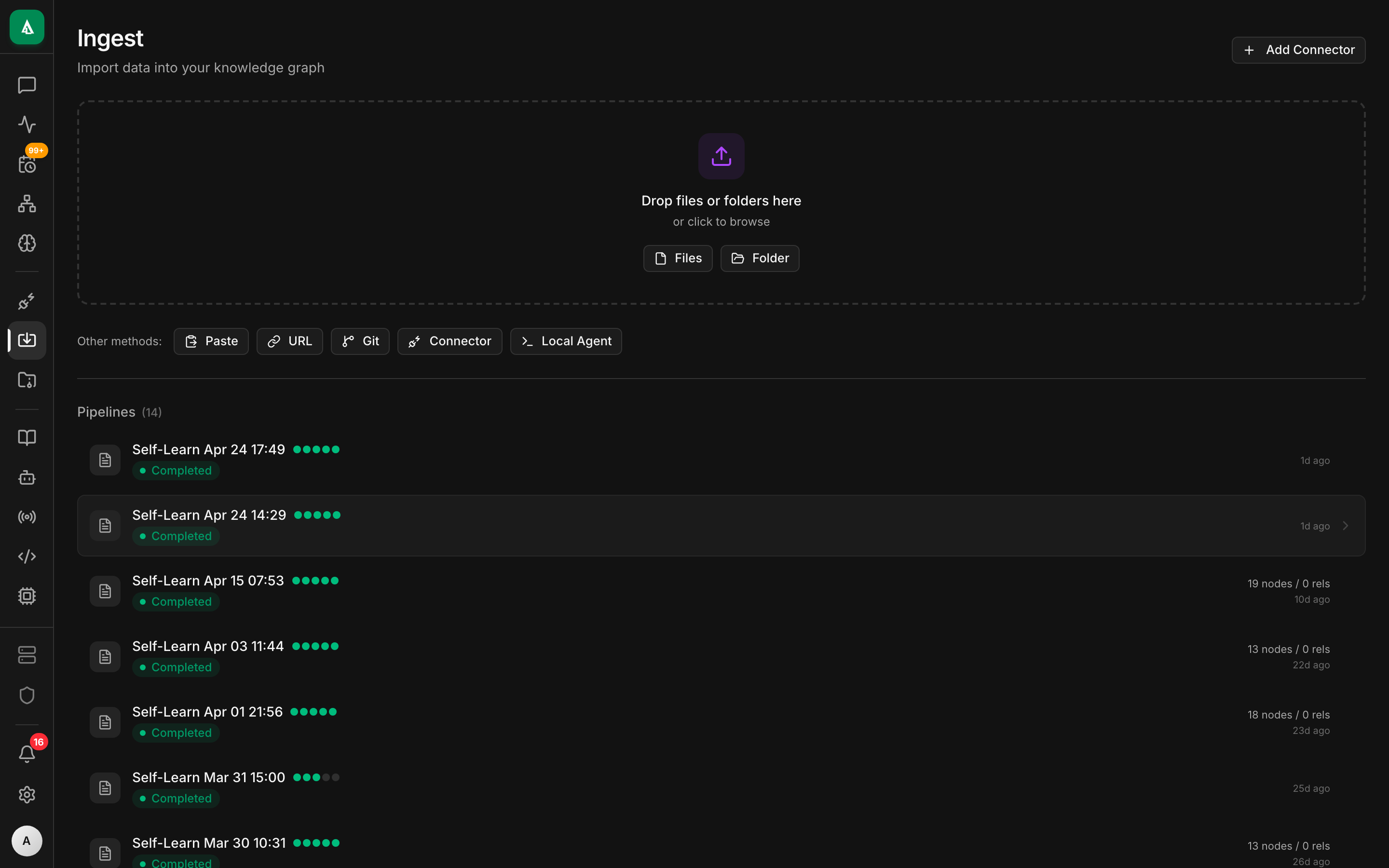 Ingest page — a list of configured pipelines with last-run status, next-run schedule, and per-step counts.