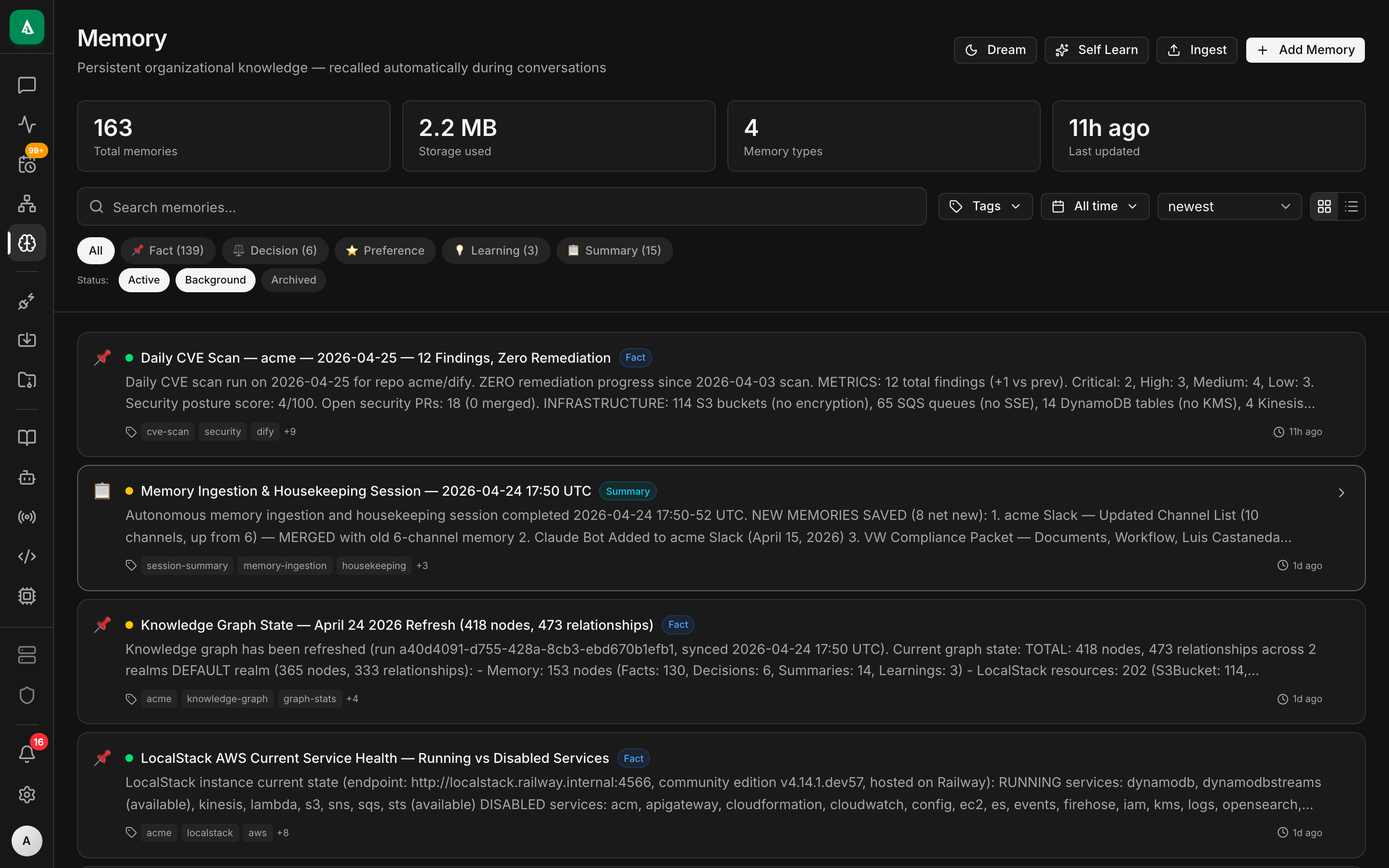 Memory dashboard — list of remembered facts grouped by kind, with realm filters and recall search.