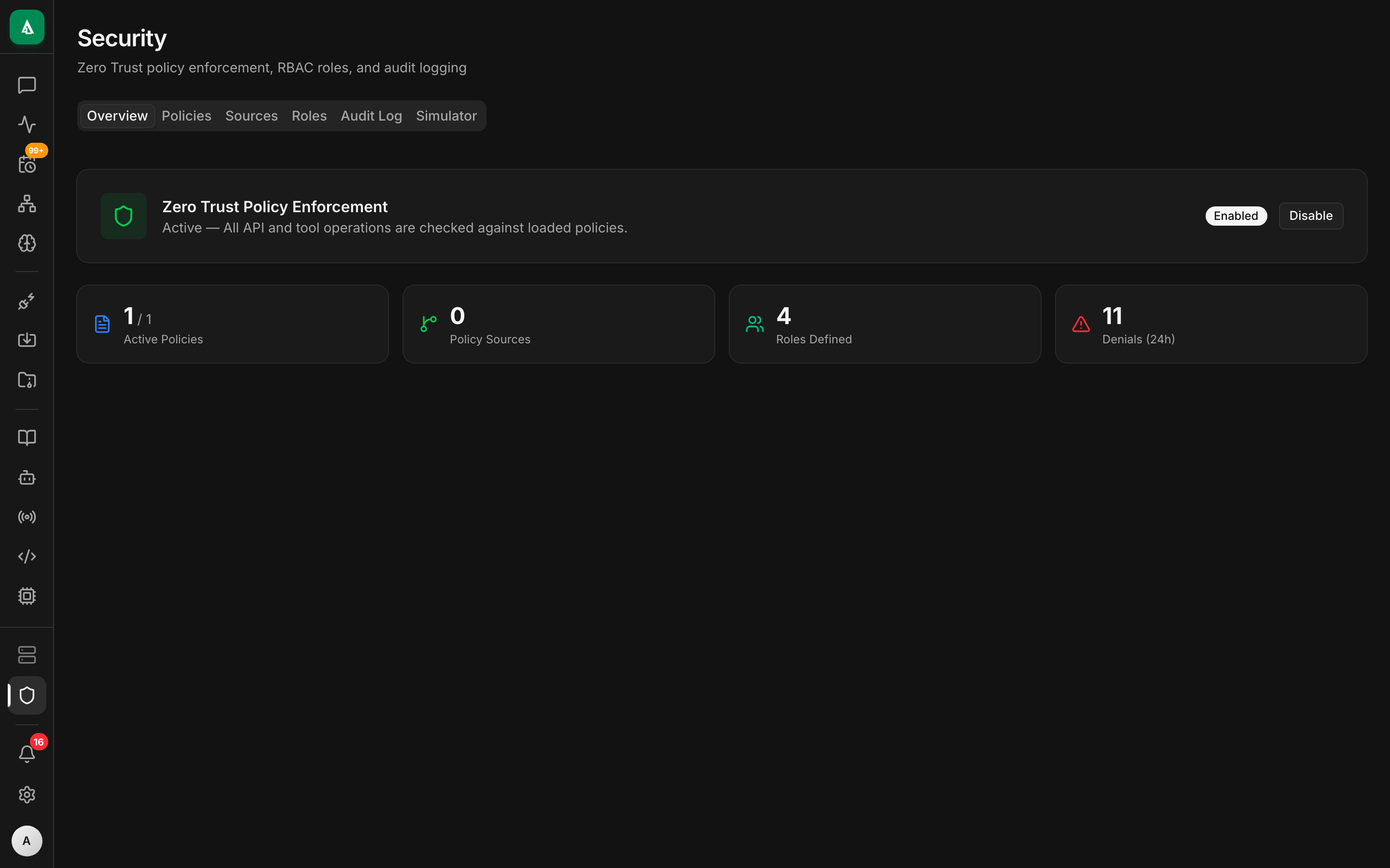Security page — API keys tab with a list of issued keys, scopes, last-used timestamps, and a rotate/revoke action menu.