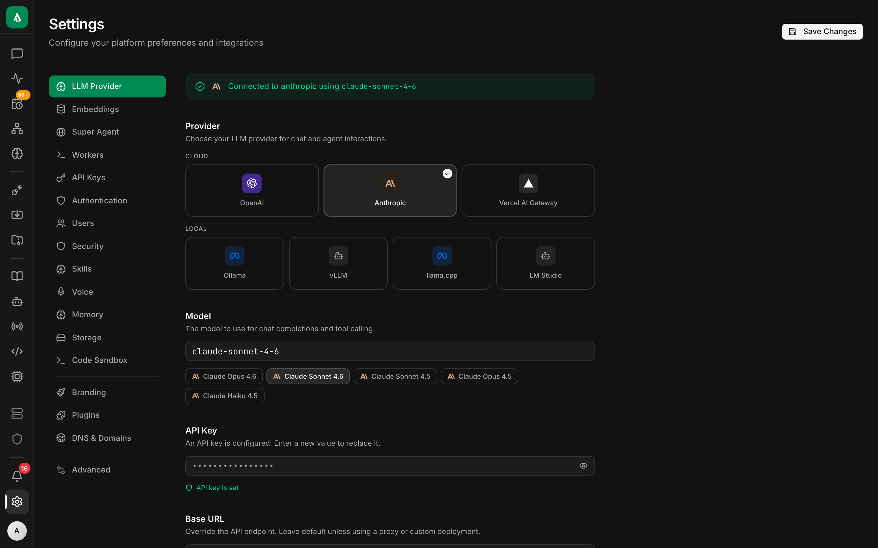 Settings page — org settings, LLM provider config (API keys masked), and feature toggles for workers, voice, policies.