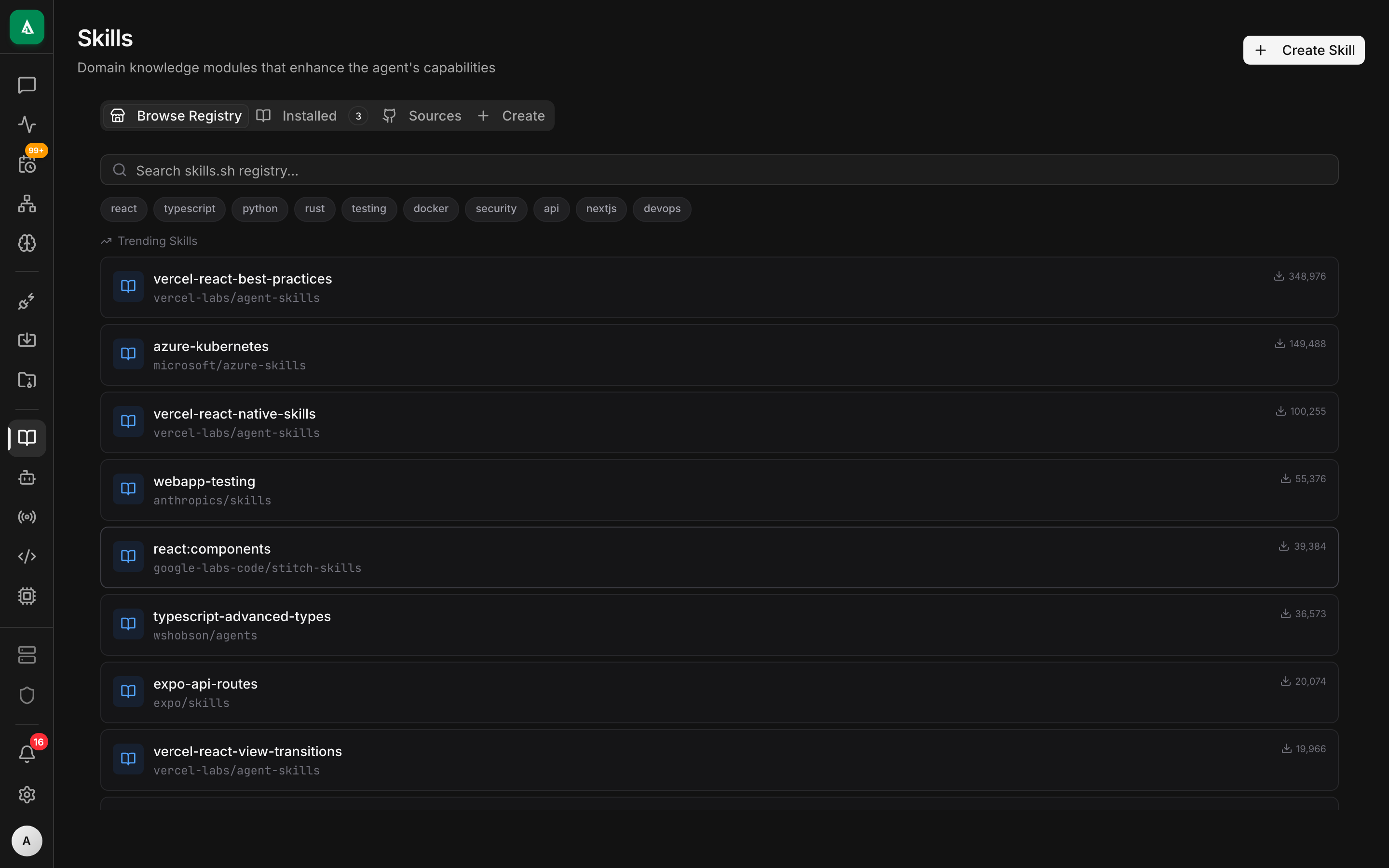 Skills page — catalog of connector tools with descriptions, effect (read/write/destructive), and approval requirements.