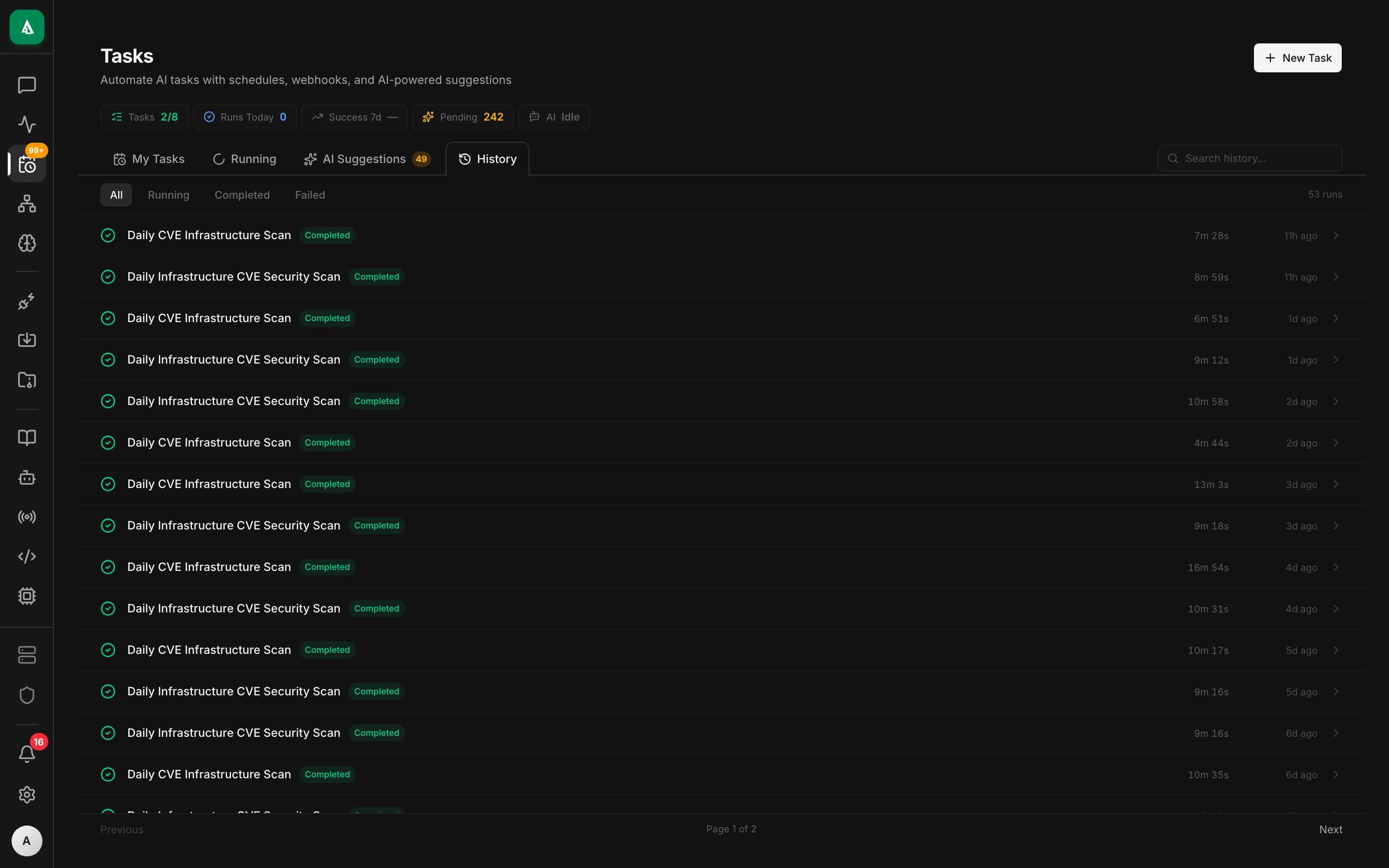 Tasks history view with run records.