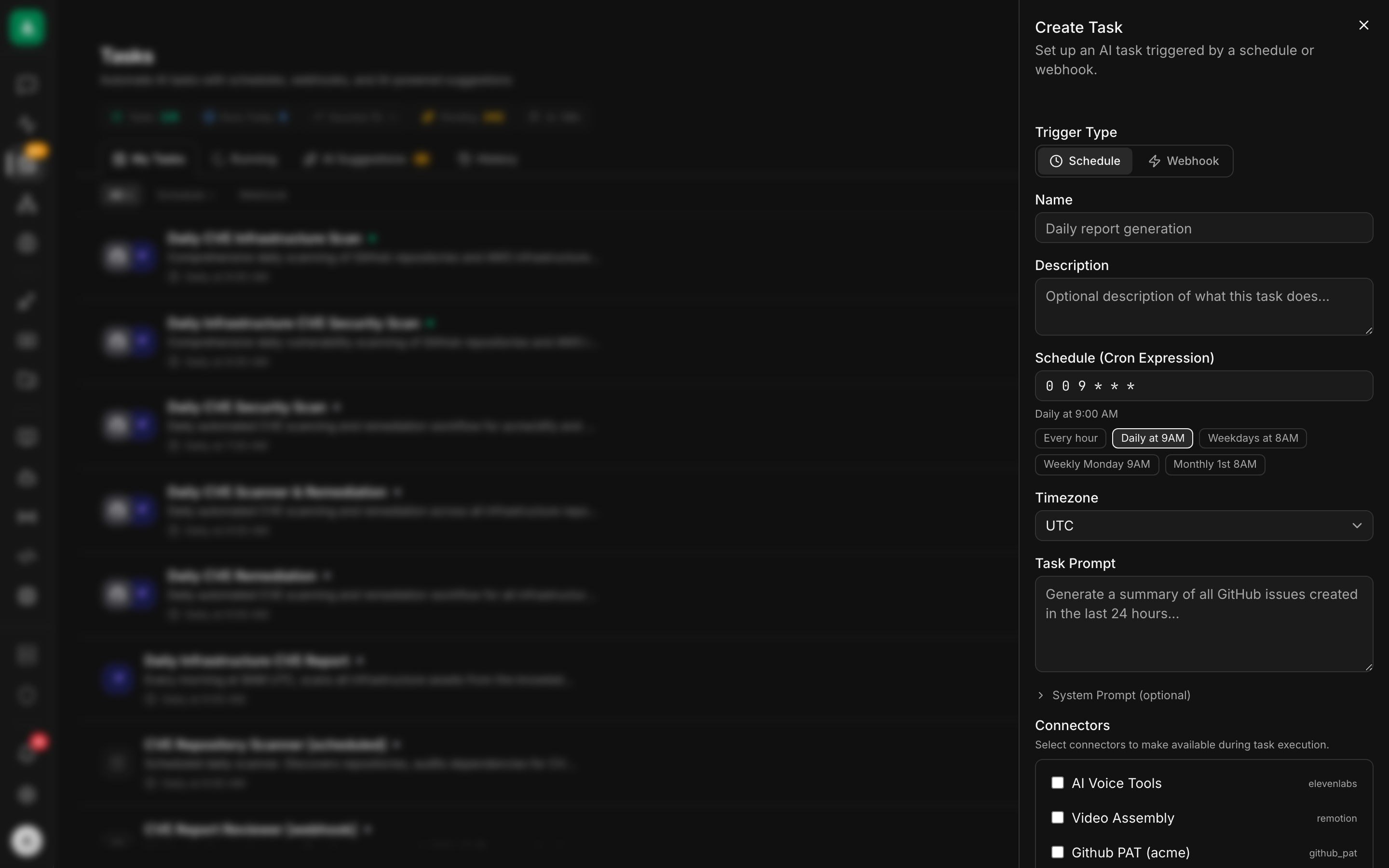 Create Task panel with cron schedule and connector picker.