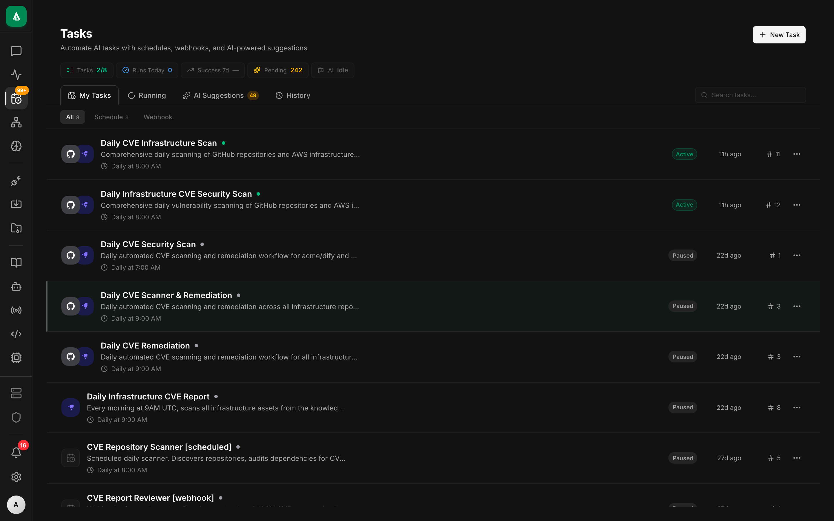Tasks dashboard — a table of scheduled tasks with next-fire countdown, last-run status, and a "Run now" button.