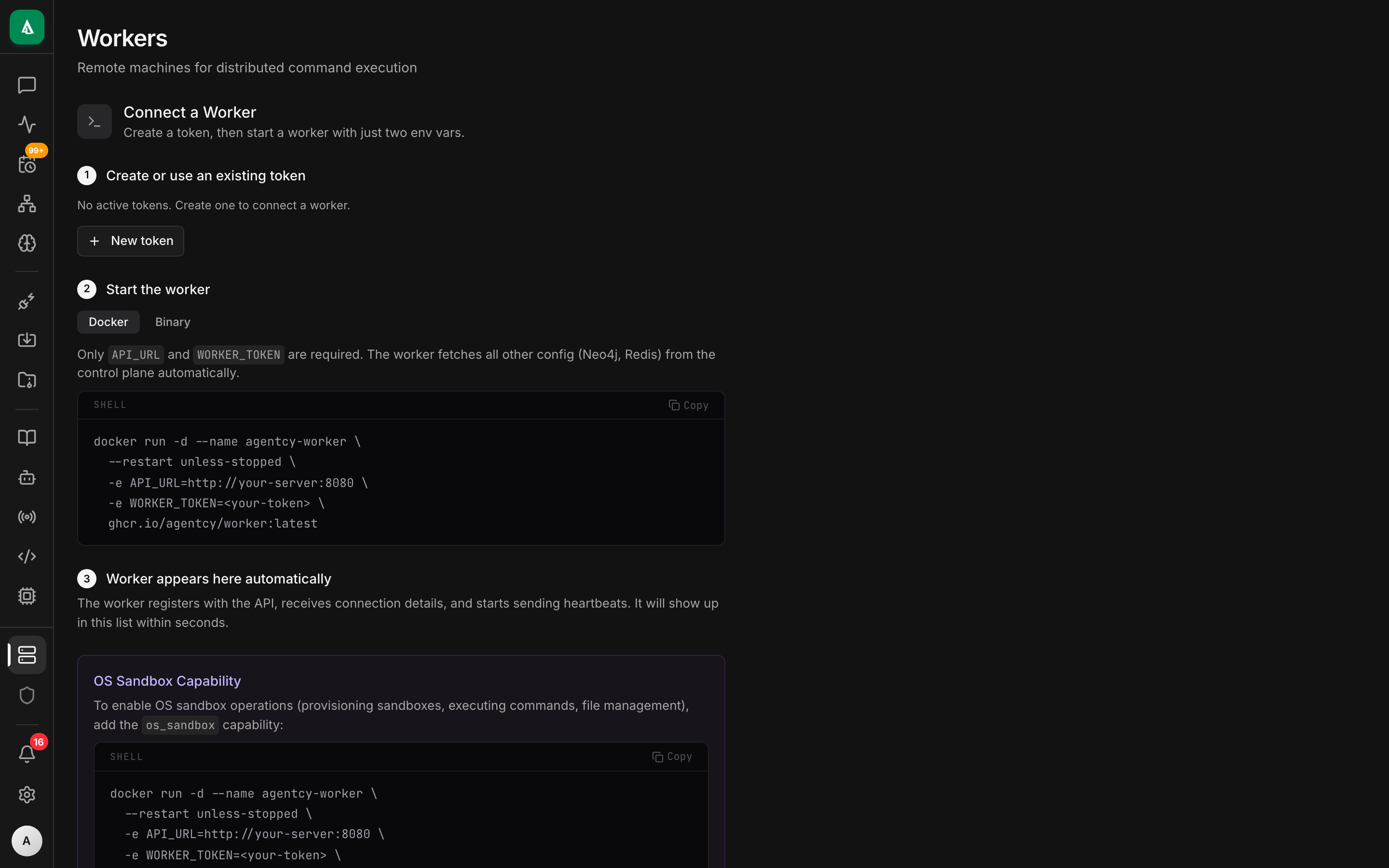 Workers page — background job queue status with queue depths, in-flight counts, and worker heartbeats.
